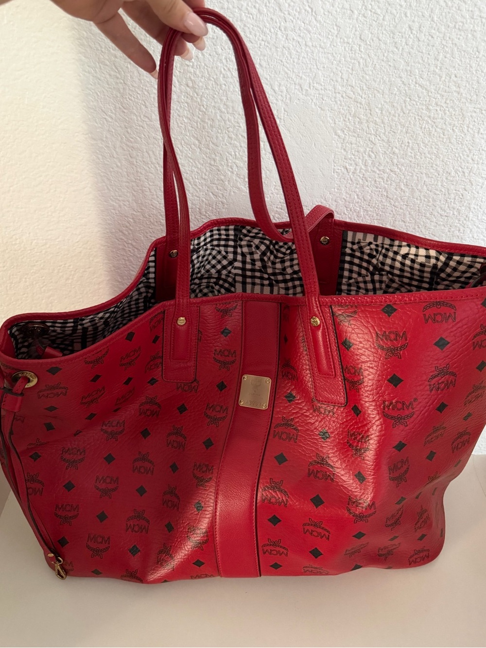 MCM Red Visetos Logo Tote with Gold Hardware